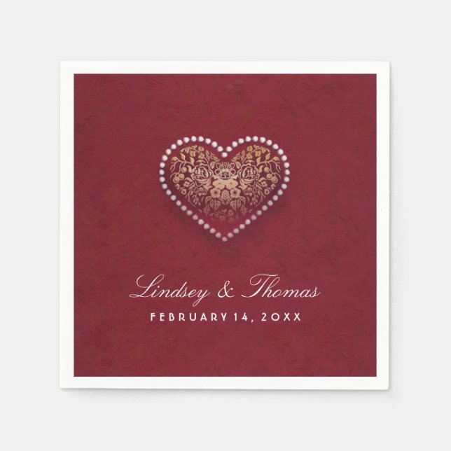 Maroon Red Gold & White Floral Heart Wedding Paper Napkins (Front)