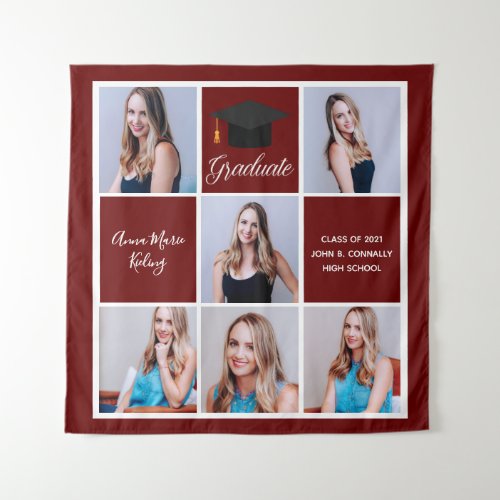 Maroon Red Graduate Photo Collage Graduation Party Tapestry