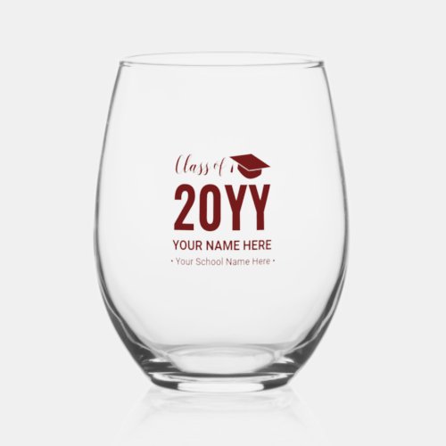 Maroon Red  Modern Graduation Gift Custom Text Stemless Wine Glass