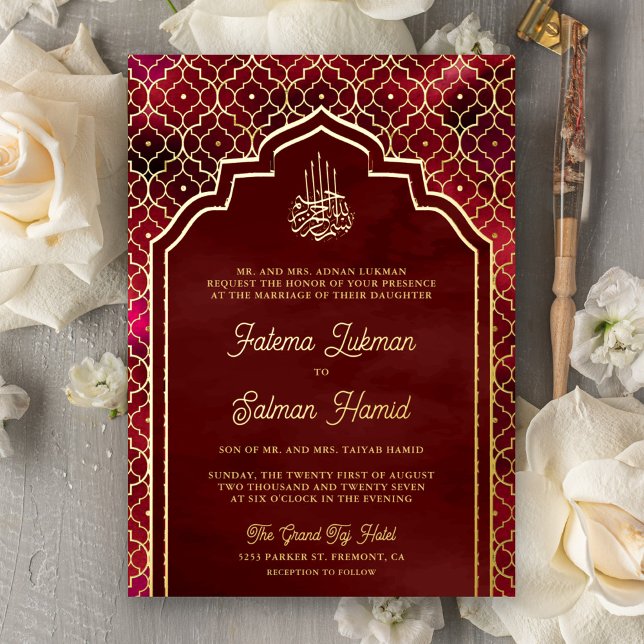 Maroon Red Moroccan Arch Muslim Wedding Gold Foil Invitation (Creator Uploaded)