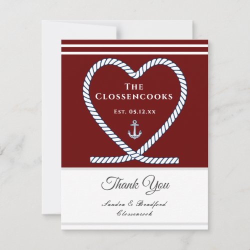 Maroon Red Nautical rope Heart Anchor Wedding  Thank You Card