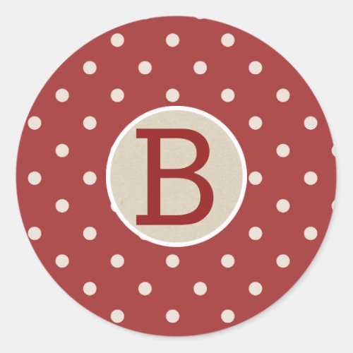 Maroon Red Polka Dot Rustic Country Kraft Monogram Classic Round Sticker