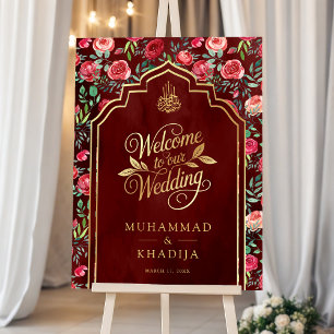 Maroon Red Rose Floral Muslim Wedding Welcome Sign