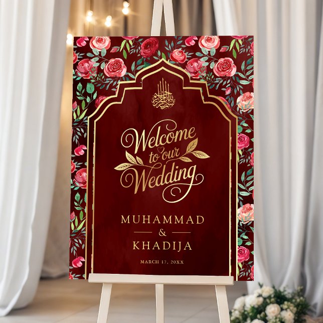 Maroon Red Rose Floral Muslim Wedding Welcome Sign (Creator Uploaded)