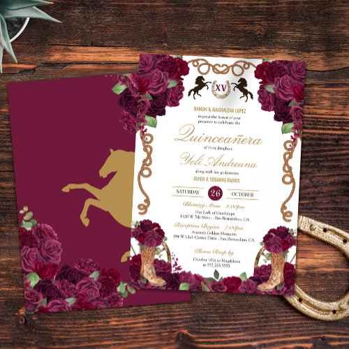 Maroon Red Rose Floral Western Charra Quinceanera Invitation