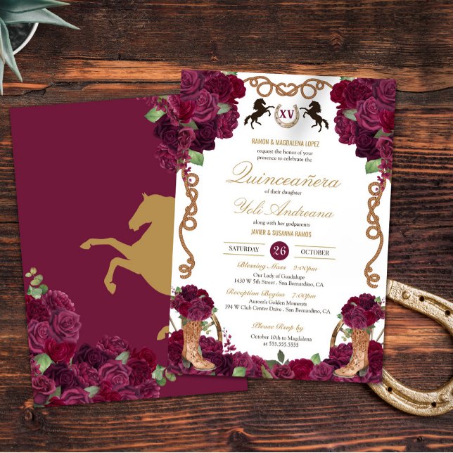 Maroon Red Rose Floral Western Charra Quinceanera Invitation (Creator Uploaded)