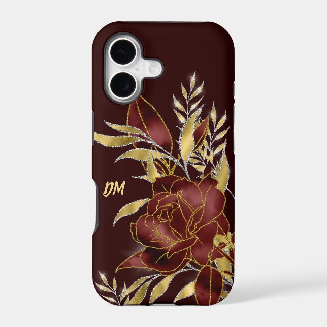 Maroon Red Rose Gold Leaves Monogram iPhone Case (Back)