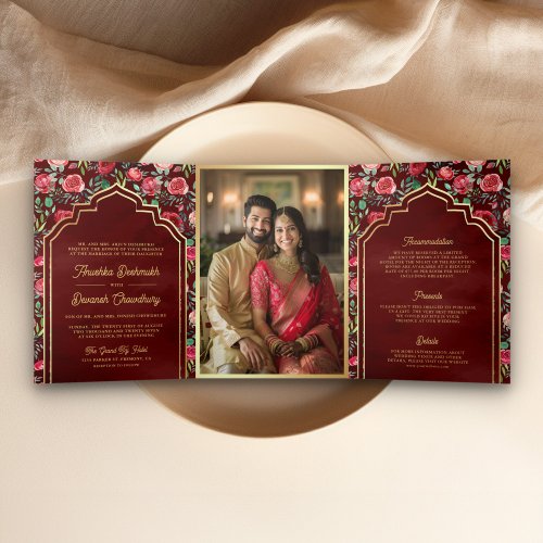 Maroon Red Roses Floral Gold Indian Wedding Tri_Fold Invitation