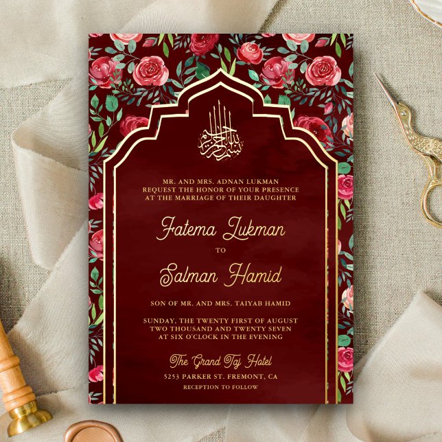 Maroon Red Roses Floral Muslim Wedding Gold Foil Invitation (Creator Uploaded)