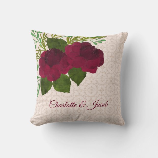 Maroon Red Roses Throw Pillow (Front)