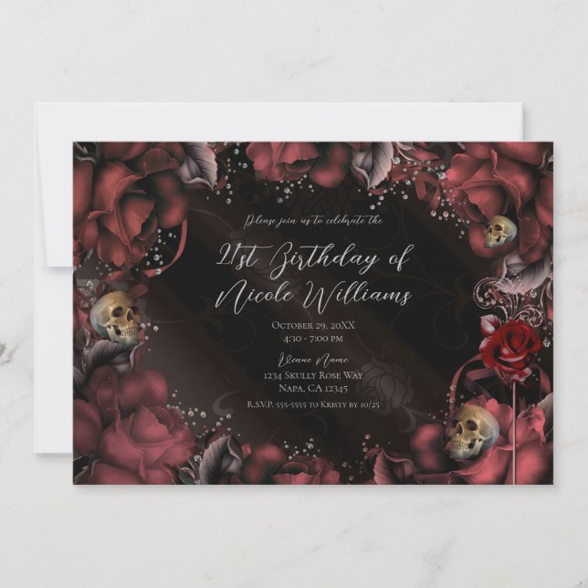 Maroon Red Rust Roses & Skulls Birthday Party Invitation (Front)