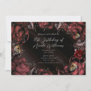 Maroon Red Rust Roses & Skulls Birthday Party Invitation