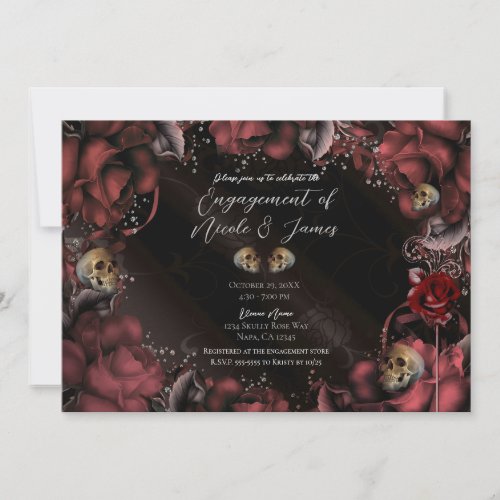 Maroon Red Rust Roses  Skulls Engagement Party Invitation