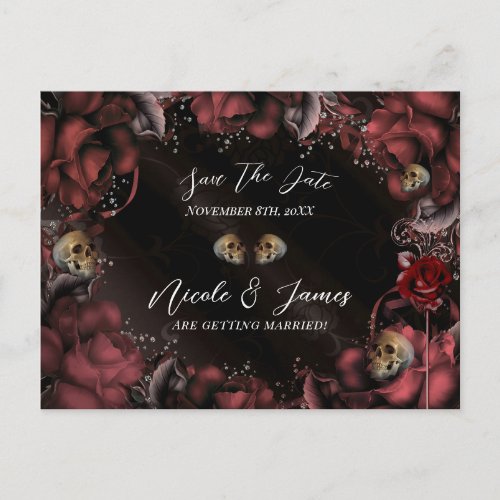 Maroon Red Rust Roses Skulls Gothic Save the Date Announcement Postcard