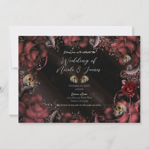 Maroon Red Rust Roses  Skulls Gothic Wedding   Invitation