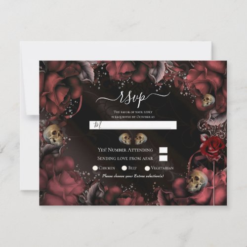 Maroon Red Rust Roses  Skulls Wedding RSVP   Invitation