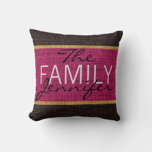 Maroon Red Rustic Burlap Monogram Throw Pillow