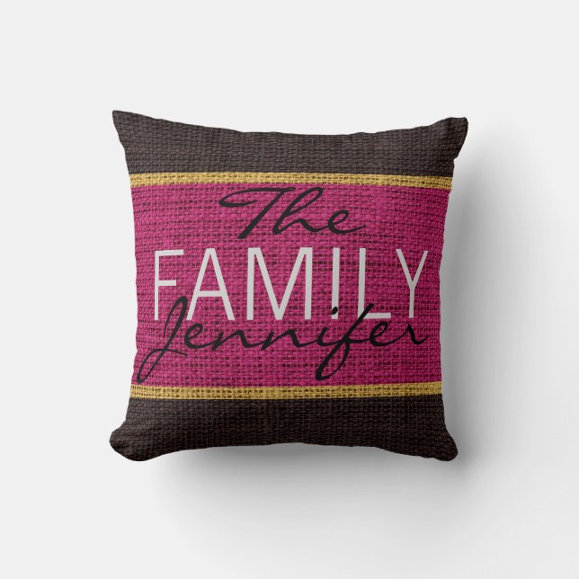 Maroon Red Rustic Burlap Monogram Throw Pillow (Front)