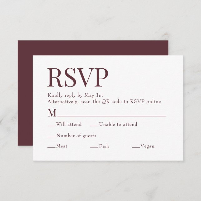 Maroon Red Scan Qr Code Meal Choice Wedding RSVP Card (Front/Back)