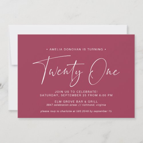 Maroon Red  Simple Typography 21st Birthday Invitation