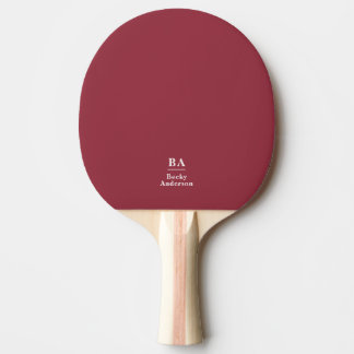 Maroon Red Solid Color White Initials & Name Ping Pong Paddle
