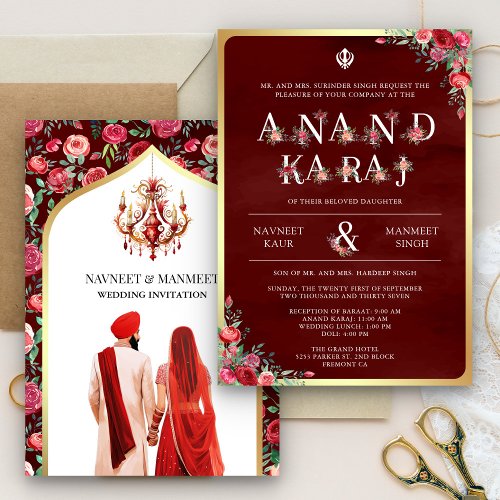 Maroon Red Typography Anand Karaj Sikh Wedding Invitation