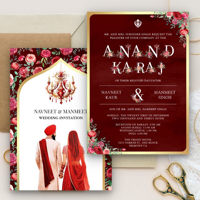 Maroon Red Typography Anand Karaj Sikh Wedding Invitation (Creator Uploaded)
