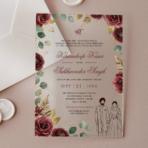 Maroon Red Watercolor Roses Floral Sikh Wedding Acrylic Invitations