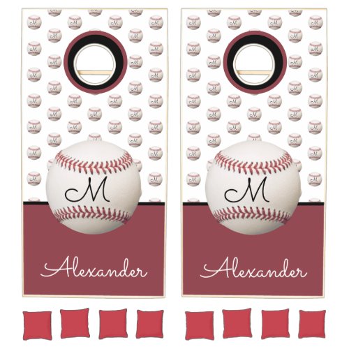 Maroon Red White Baseball monogram   Cornhole Set