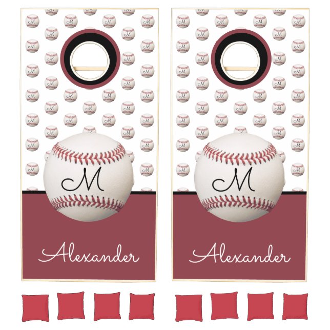 Maroon Red White Baseball monogram   Cornhole Set (Set)