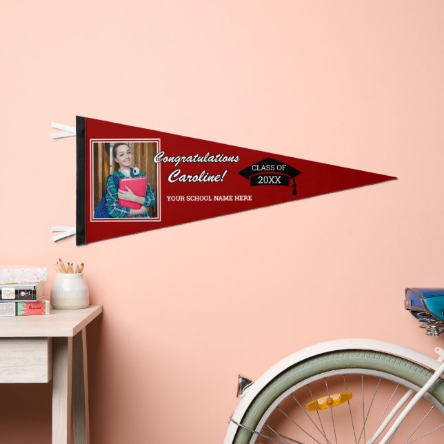 Maroon Red White Black Congratulations Grad Pennant Flag (Front)