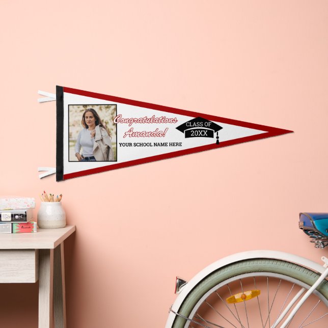 Maroon Red White Black Congratulations Grad Pennant Flag (Front)
