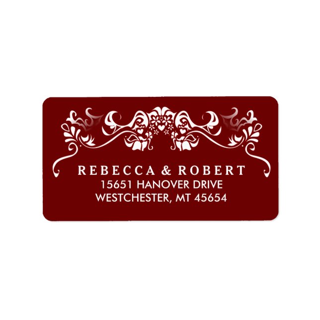 Maroon Red & White Fancy Wedding Address Label (Front)