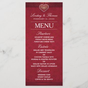 Maroon Red White & Gold Floral Heart Wedding Menu by juliea2010 at Zazzle