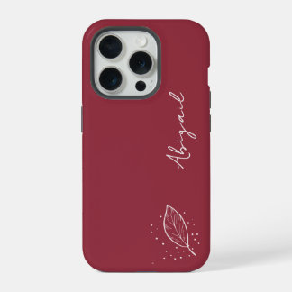 Maroon Red, White Name, Minimalist Leaf and Dots iPhone 15 Pro Case