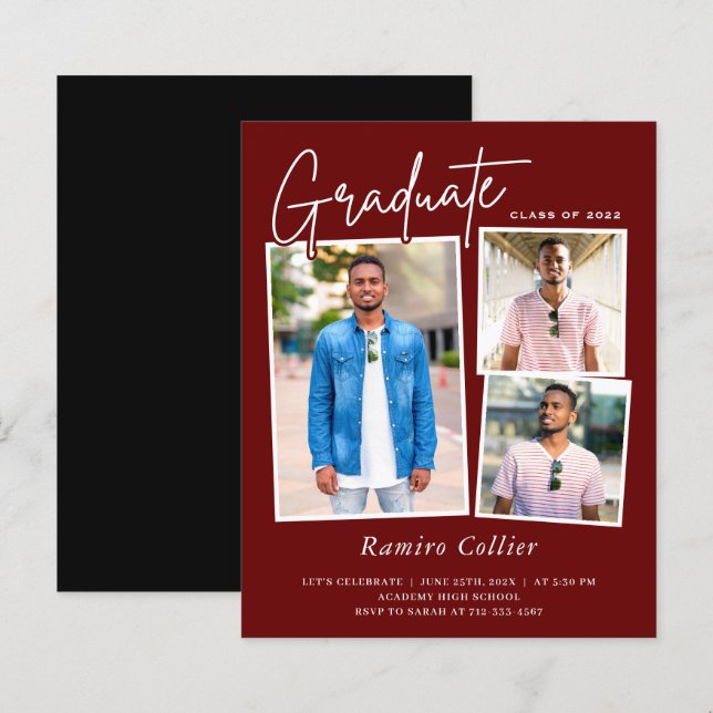 Maroon Red White Three Photo Graduation Invitation (Front/Back)