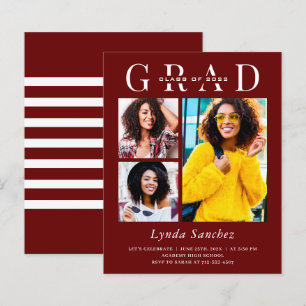 Maroon Red White Three Photo Graduation Invitation