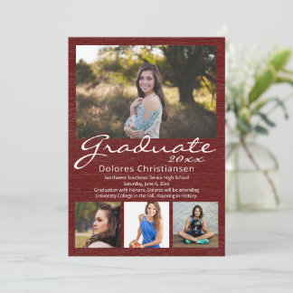 Maroon Red Woodgrain Modern 4 Photo Graduation Invitation
