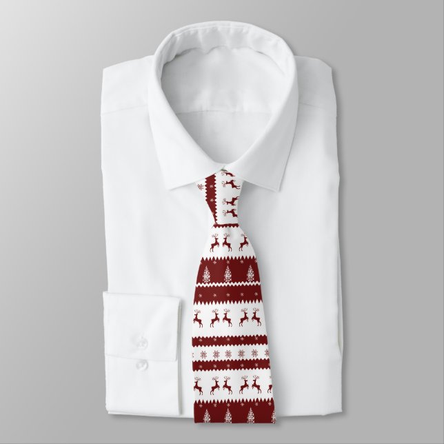 Maroon Reindeer Stripe Christmas Pattern Neck Tie (Tied)