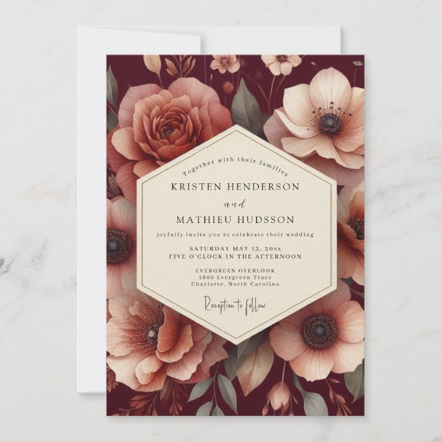 Maroon Renaissance Bloom Wedding Invitation (Front)