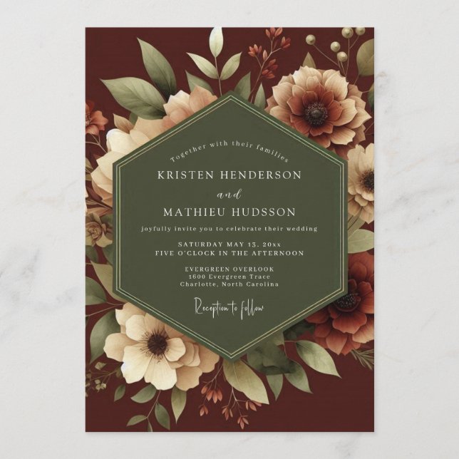 Maroon Romantic Botanical Wedding Invitation (Front)