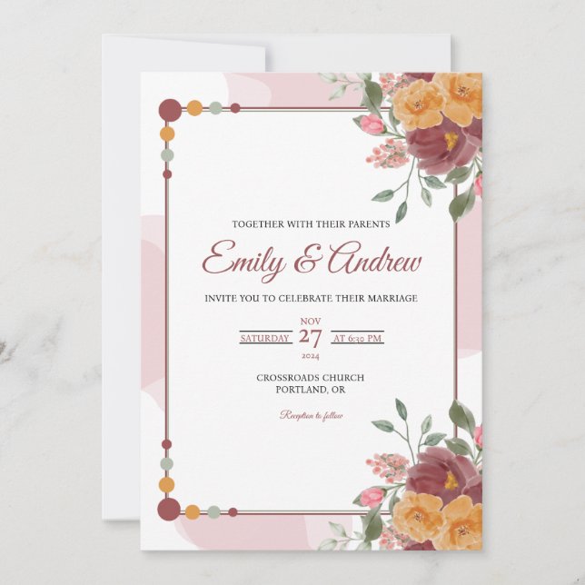 Maroon Rose Bead Elegant Floral Watercolor Wedding Invitation (Front)