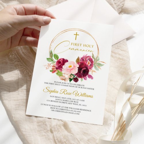 Maroon Rose Floral First Holy Communion  Invitation