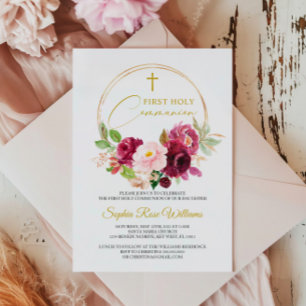 Maroon Rose Floral First Holy Communion Invitation
