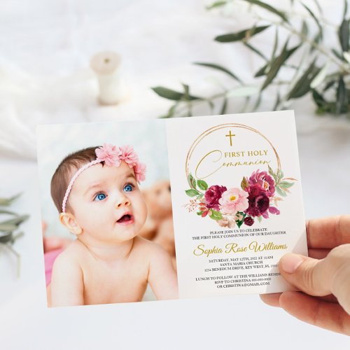 Maroon Rose Floral Photo Girl First Holy Communion Invitation