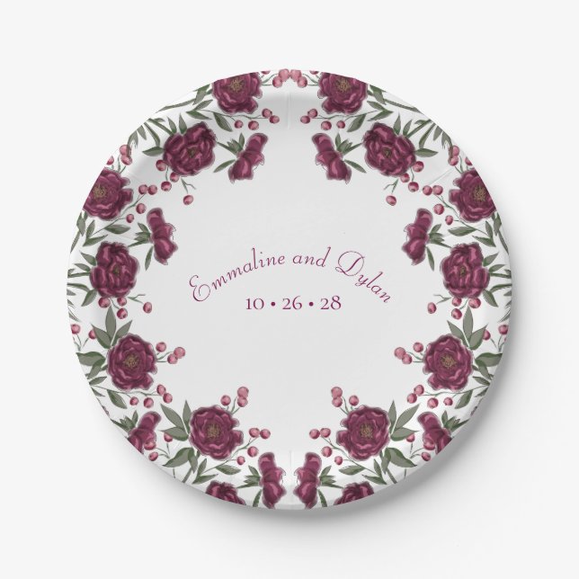 Maroon Rose Wedding Paper Plates (Front)
