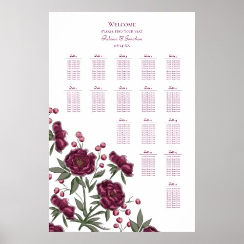 Maroon Rose Wedding Seating Chart