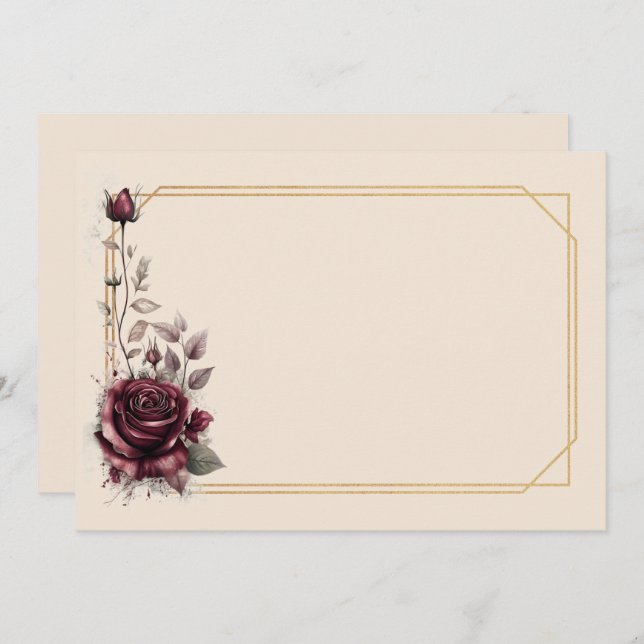 Maroon rose with gold frame Blank  Invitation (Front/Back)