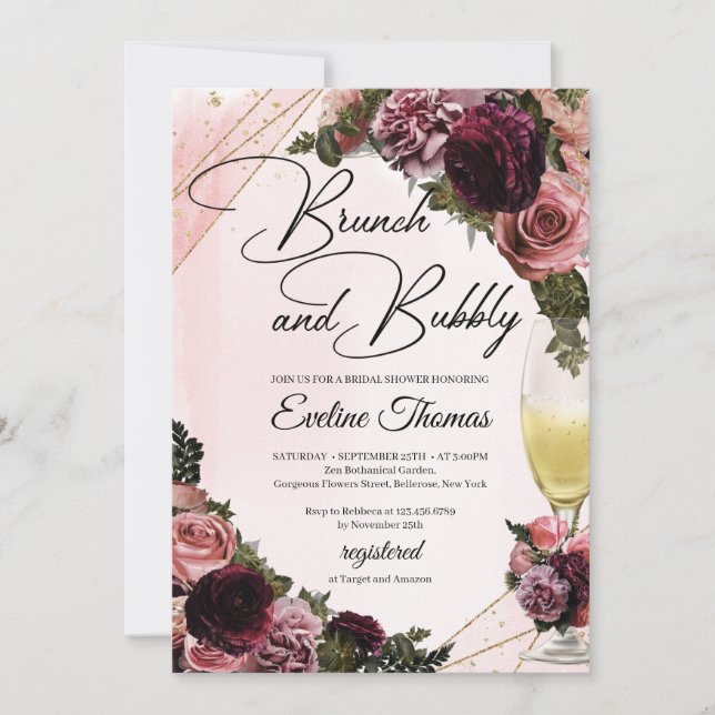 Maroon roses champagne glass brunch and bubbly invitation (Front)