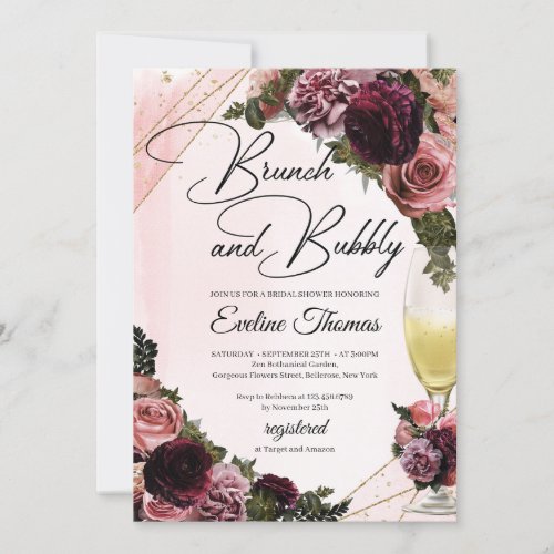 Maroon roses champagne glass brunch and bubbly invitation